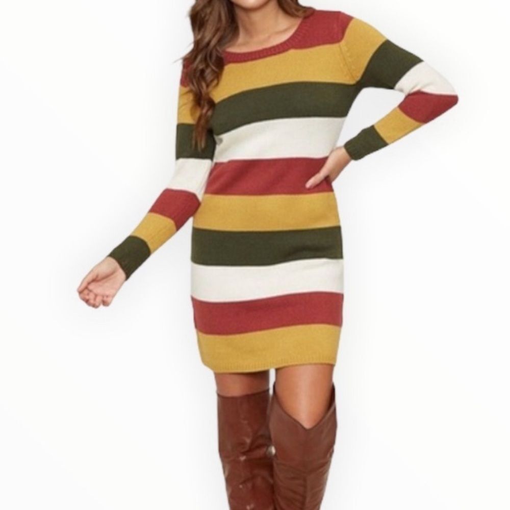Peach Love Dress Stripes Multi-Color Cable Knit Preppy Mini Long Sleeve